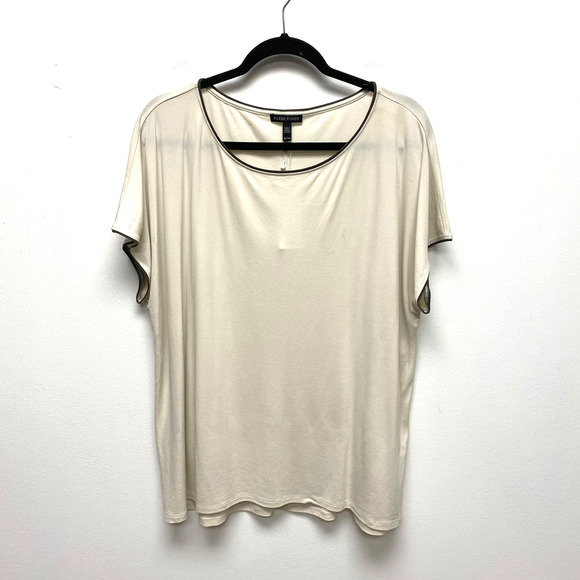 Eileen Fisher Tops - Eileen Fisher Beige Silk Piped Trim Short Sleeve Boat Neck Pullover Top XL $148